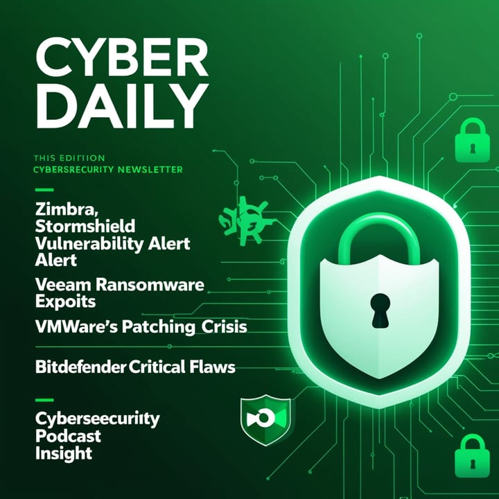 Cyber Daily 10/23: Zimbra, Stormshield Vulnerability Alert, Veeam Ransomware Exploits, VMware's Patching Crisis, Bitdefender's Critical Flaws, and Cybersecurity Podcast Insights